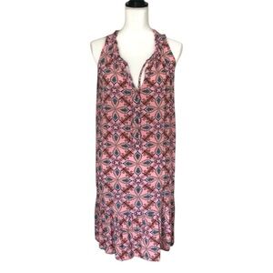 LOFT Pink Blue Printed Summer Sleeveless Dress Ruffle Hem Keyhole Back Medium